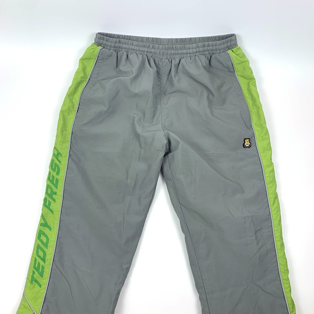 Teddy Fresh Nylon Athletic Joggers Grey Green Stripe Mens Sz M Spell Out Zipper
